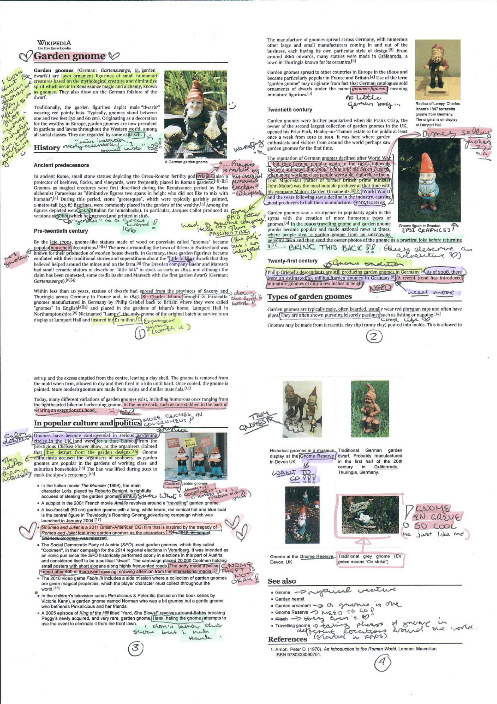 a printed copy of the wikipedia page for garden gnomes, with a lot of highlighted annotations